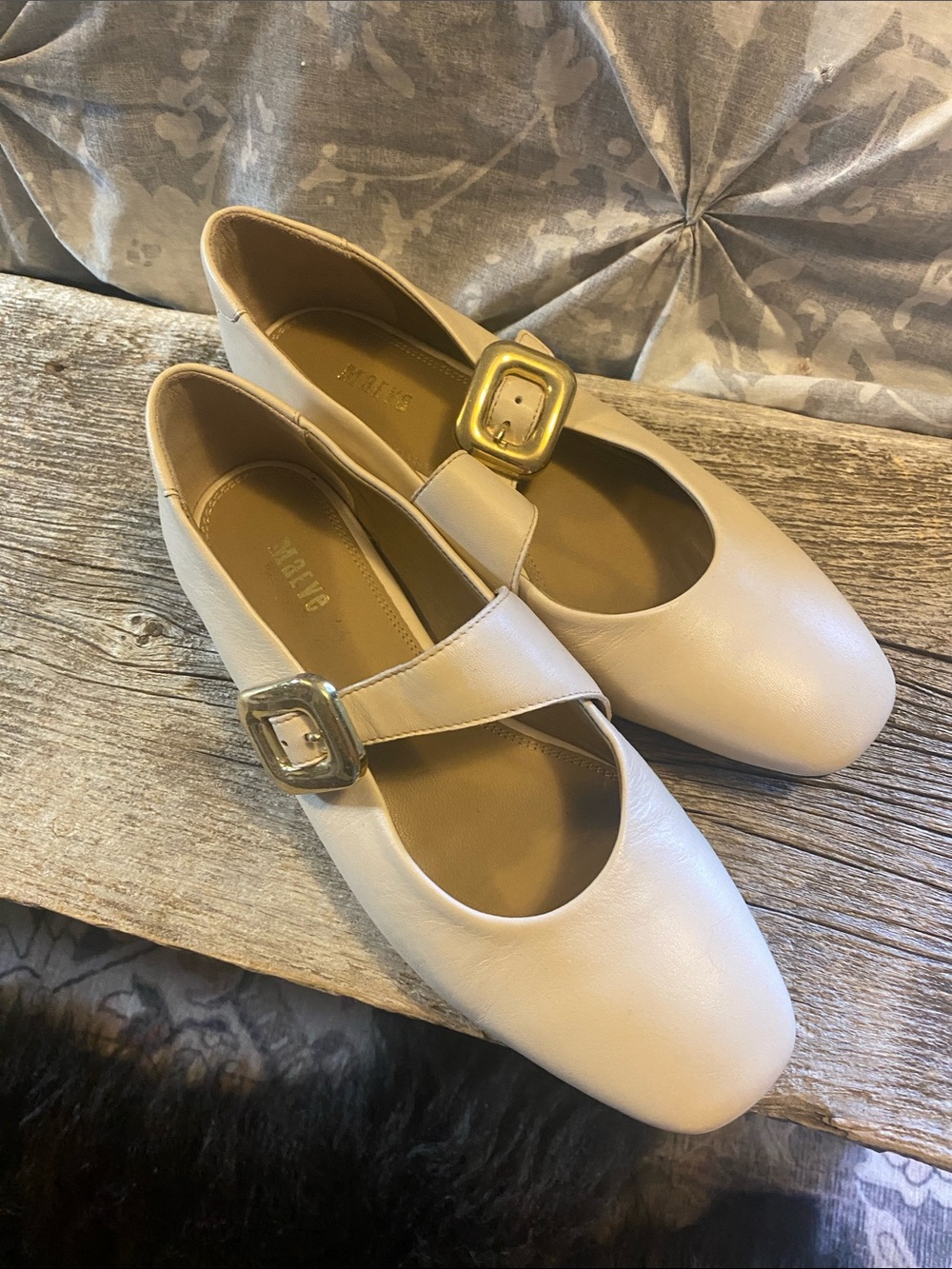 Maeve Beige Mary Jane Flats with Gold Buckle